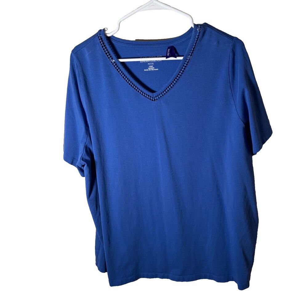 Catherines T-Shirt Women's Petite 1X 1XWP Blue V-Neck Short Sleeve Casual Top